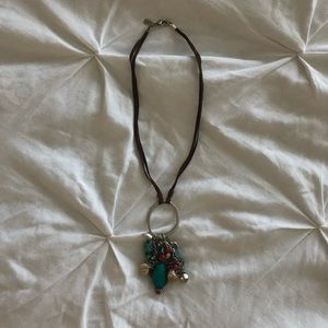 Turquoise and coral stone necklace w/leather chain